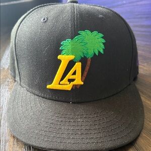 Kids Black Baseball Cap with Yellow 'LA' and Green Palm Tree Embroidery